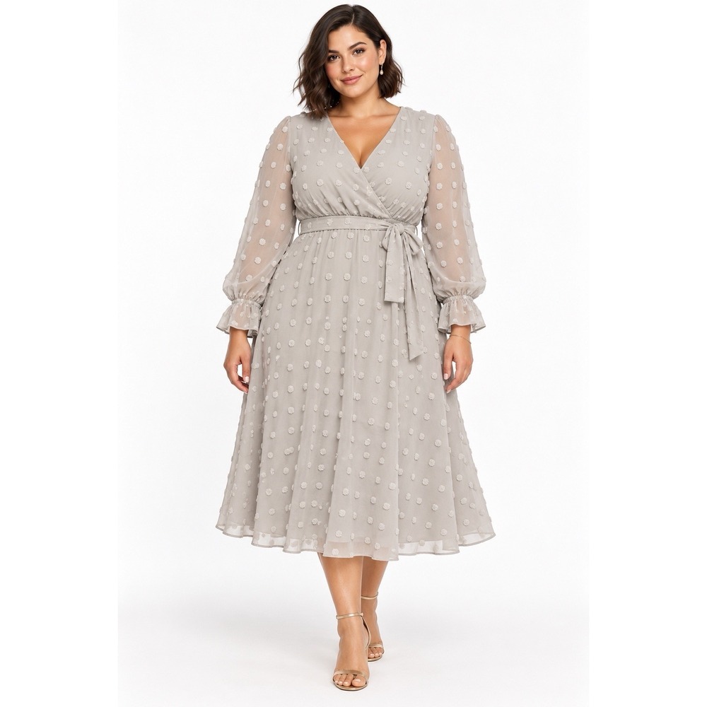 Baltic Born Dress 2XL Gray Swiss Dot Midi Long Sleeve Faux Wrap Belted Romantic